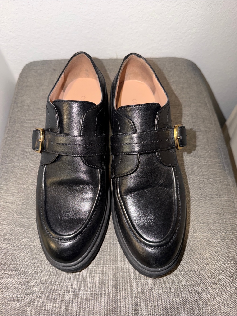 Cole Haan Black Leather Slip-On Loafers with Gold Buckle